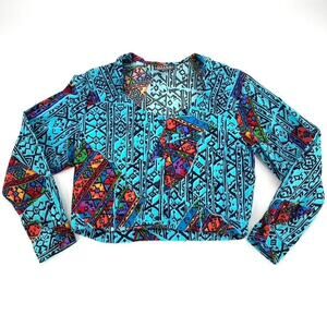 Ozark Mountain Women Aztec Southwest Print Button Front Crop Top Sz S Round Neck